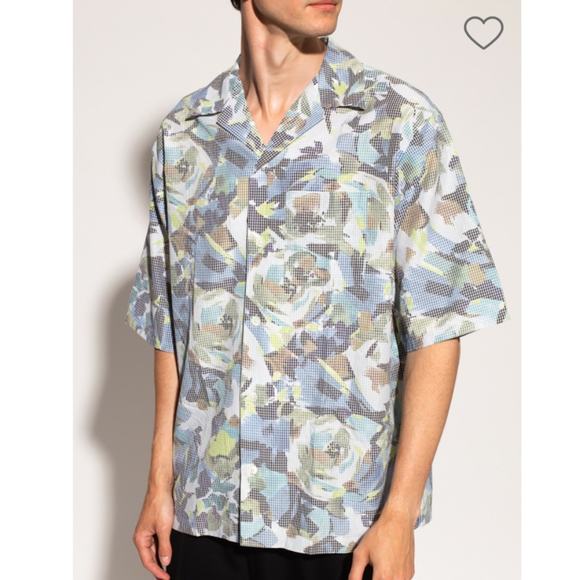 Kenzo Digital Pixel Rose Floral Print Short Sleeve Casual Button Down Small